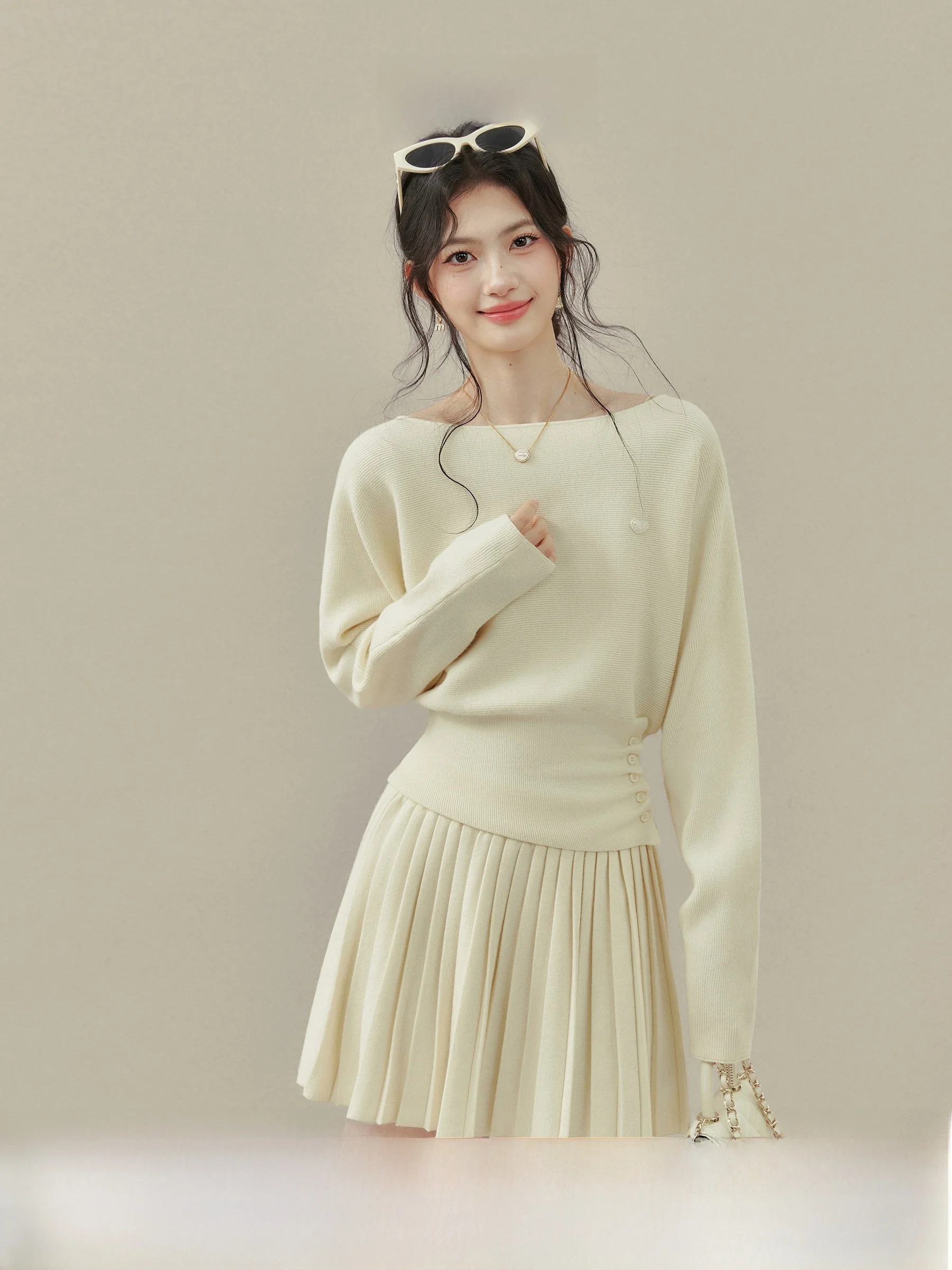 

Ele Knitted Sweater Top Women's Sle Side oulder Winter Faion Set Casual Leisure Aosphere Spring Fraance Series