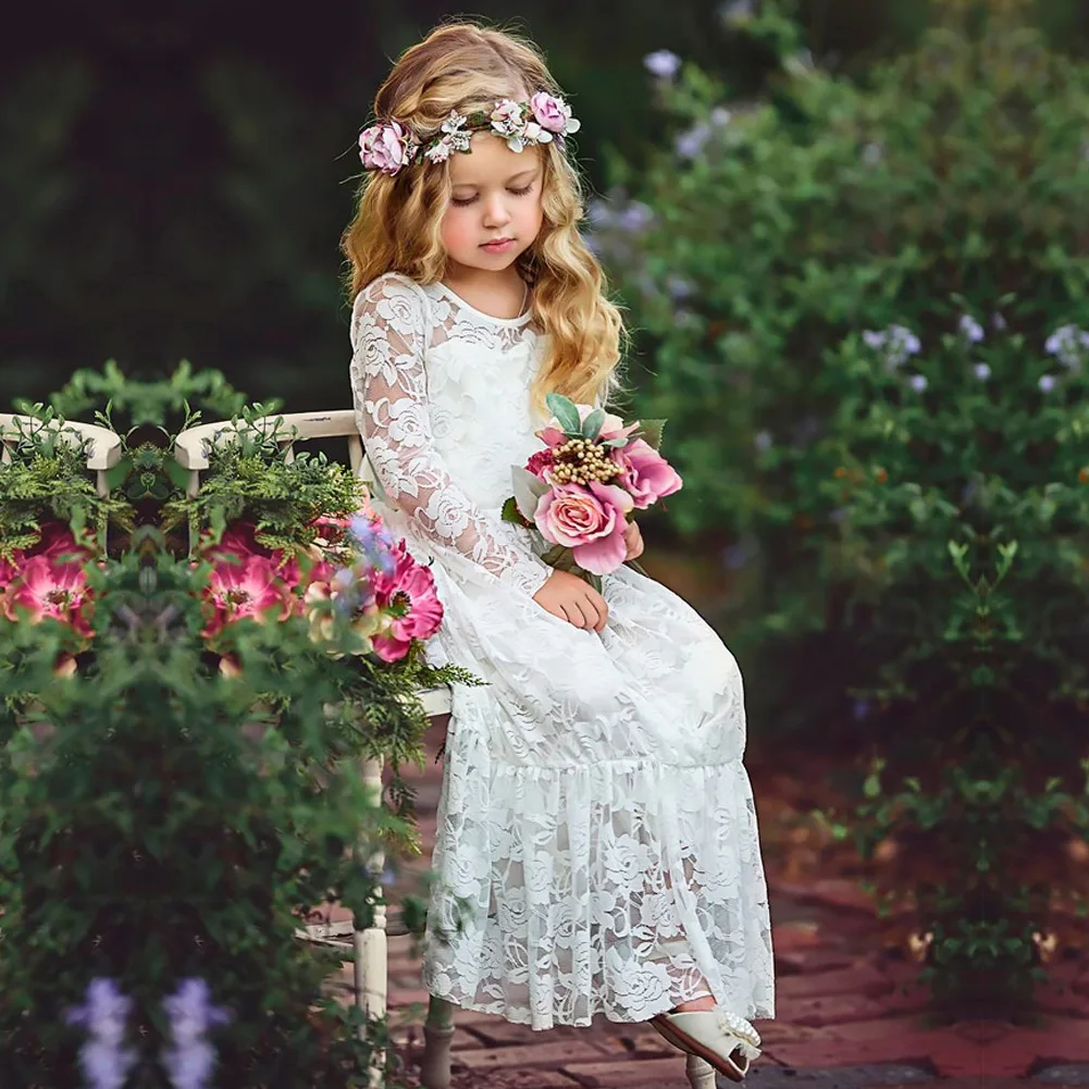 Xunbei-Robe à fleurs en dentelle pour demoiselle d'honneur, vintage, style bohème, à manches longues, pour demoiselles d'honneur juniors, première communion