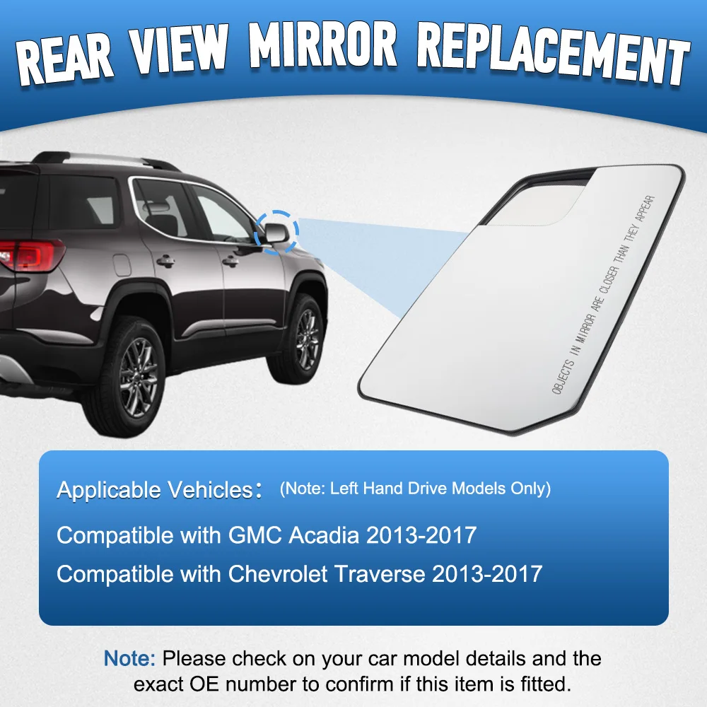 Heated Side Mirror Glass Door Wing Rearview Mirror for GMC Acadia Chevrolet Traverse 2013 2014 2015 2016 2017 Left Hand Drive