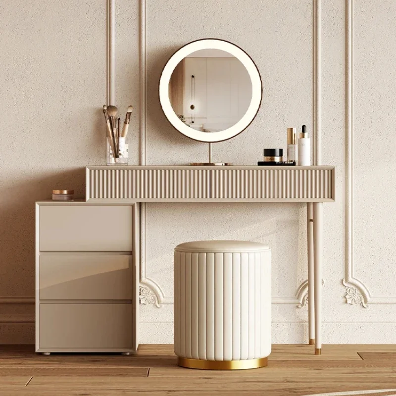 

Luxury PU Leather Round Makeup Stool Nordic Style Storage Chair Elegant Sofa Stool for Bedroom Dressing Table