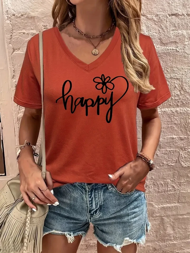 재미 있은 편지 인쇄 여성 티셔츠 패션 v-목 짧은 소매 탑 캐주얼 여성 의류 여름 패션 꽃 패턴 소녀 티