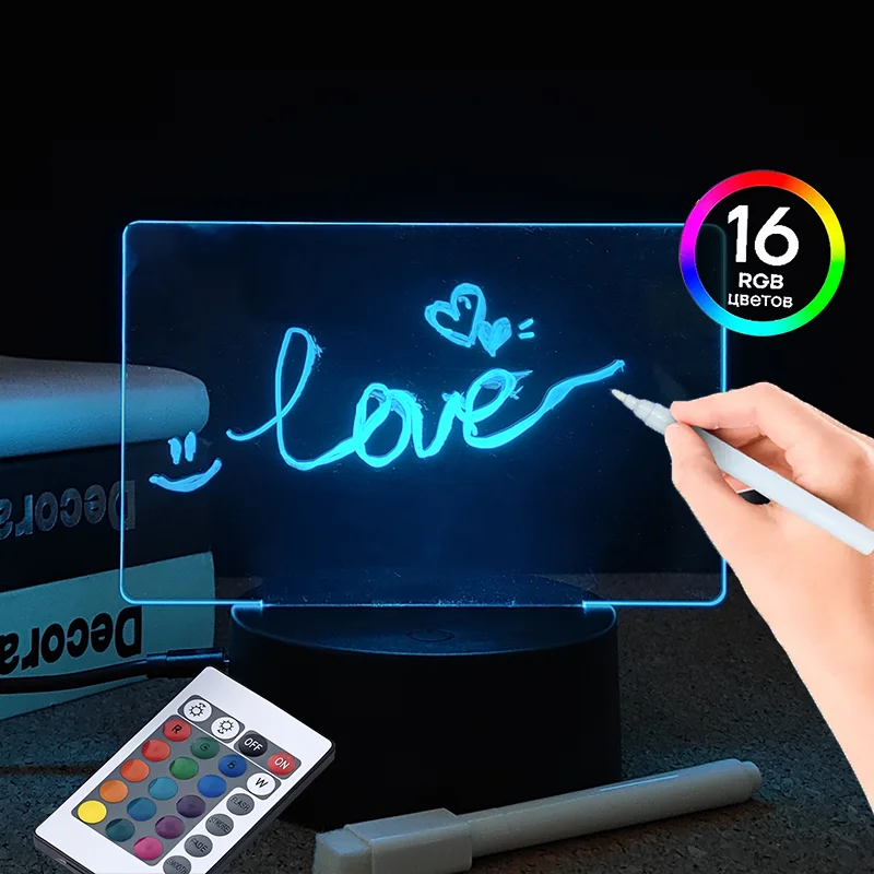 

Circular transparent luminous erasable DIY message board with erasable pen for children's drawing LED night light