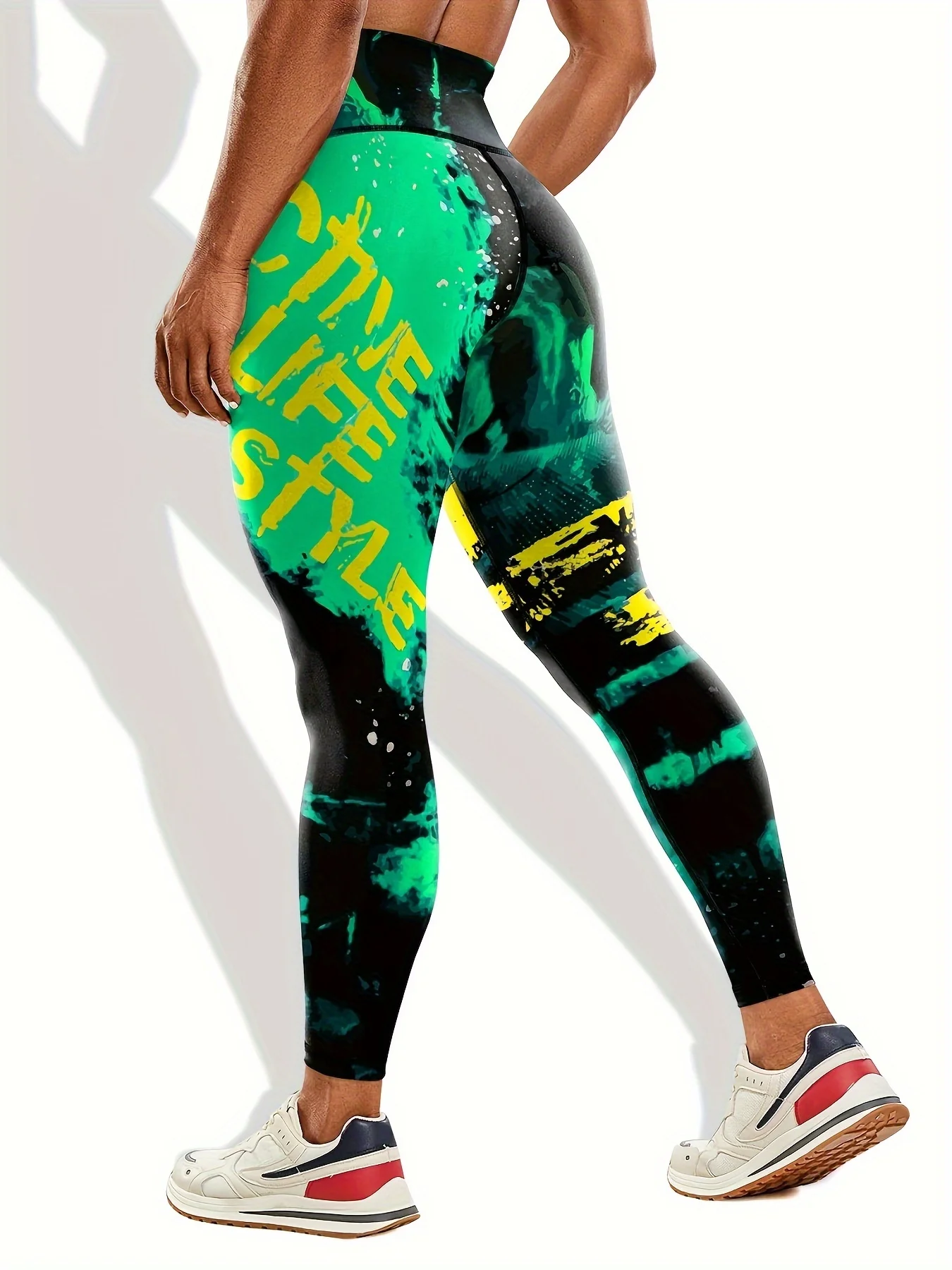 Women Mid‑Rise Fleece Lined Leggings Purple Black Splash Ink Letter Print Warm Elastic Sport Pants