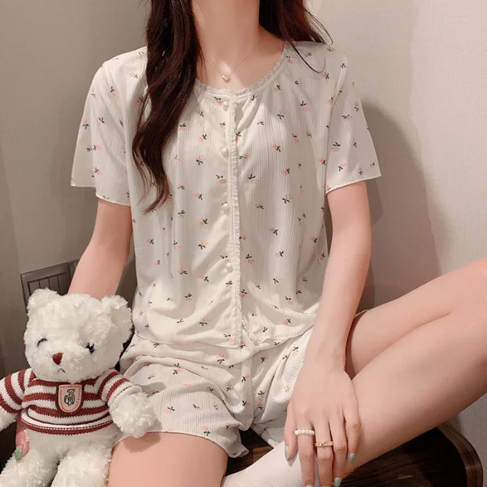 Bubble Cloth Sweet And Cute Lace Edge Printed Pajamas For Women In Summer, New Style With Chest Cushion Suspender Home Wear