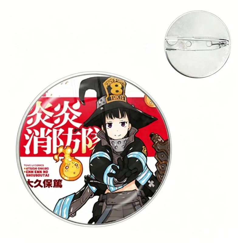 Anime Fire Force Brooches Round Cartoon Pins Shinra Kusakabe Arthur Bourbon Akiratu Oubi‌ Glass Badge Bag Accessories Jewelry