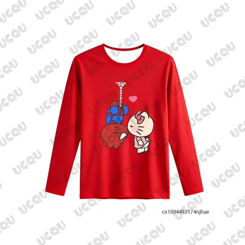 2피스 의상 남성용 트랙수트 스파이더맨 & 헬로키티 프린트 긴팔 티셔츠+파자마 바지 캐주얼 커플 수트 오버사이즈 세트