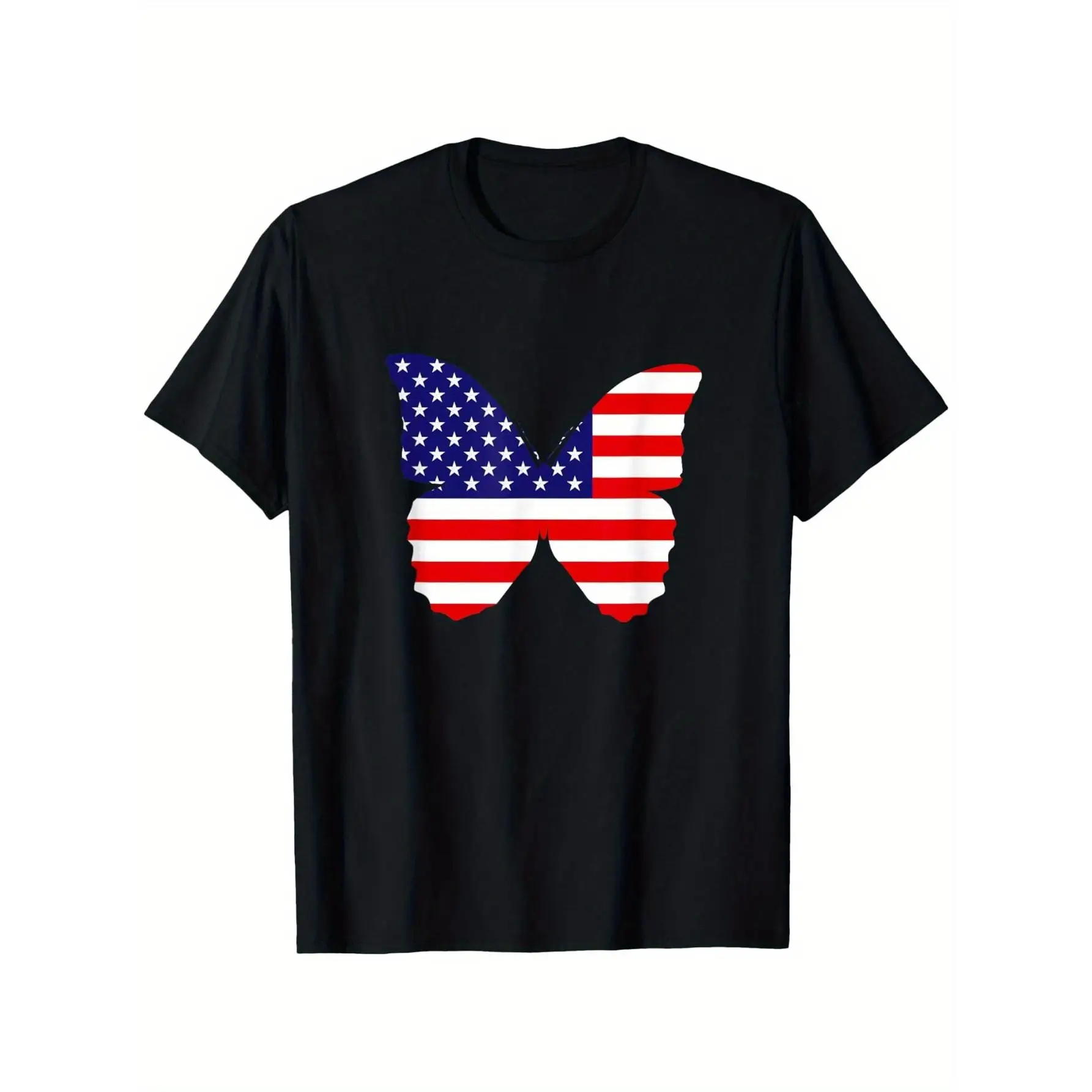 

Patriotic Butterfly USA Flag T-Shirt - 100% Cotton 180gsm Crew Neck Tee for Women,, All-Season Casual Wear for Holidays, Birthda