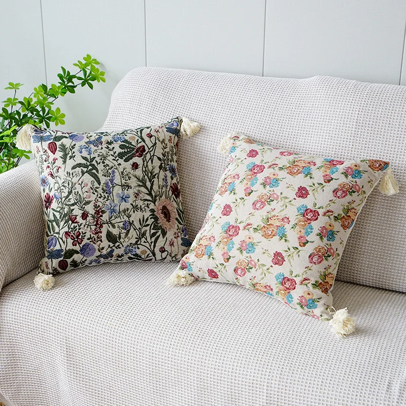 

45x45cm Plants and Flowers Jacquard Flower Pillow Cover Living Room Sofa Pillowcase Tassel Cushion Cover for Sofa Home Decor