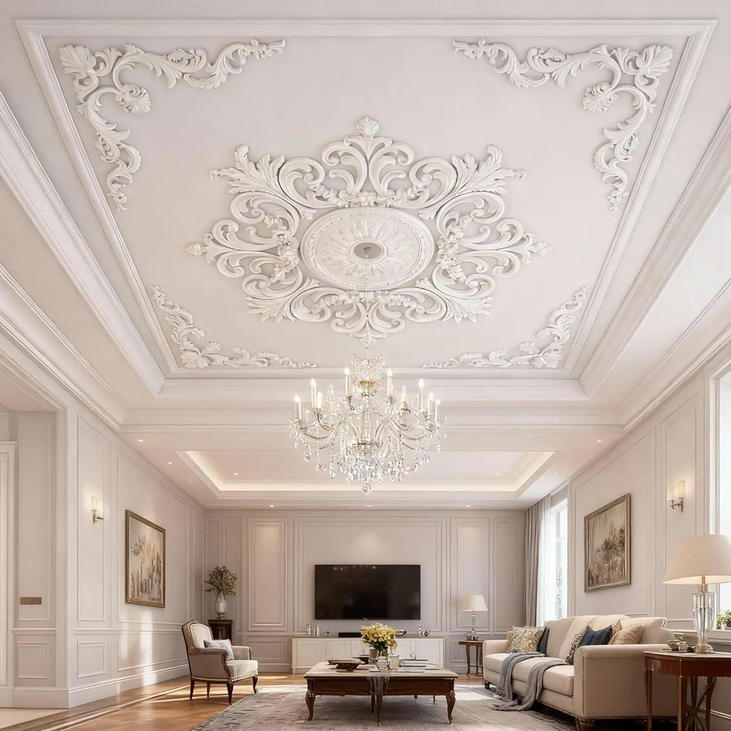 PU Ceiling Molding Kit Corner Decoration Mural Trim Flower Pattern French Style Wall Decor for Ceiling Molding Wainscoting Panel