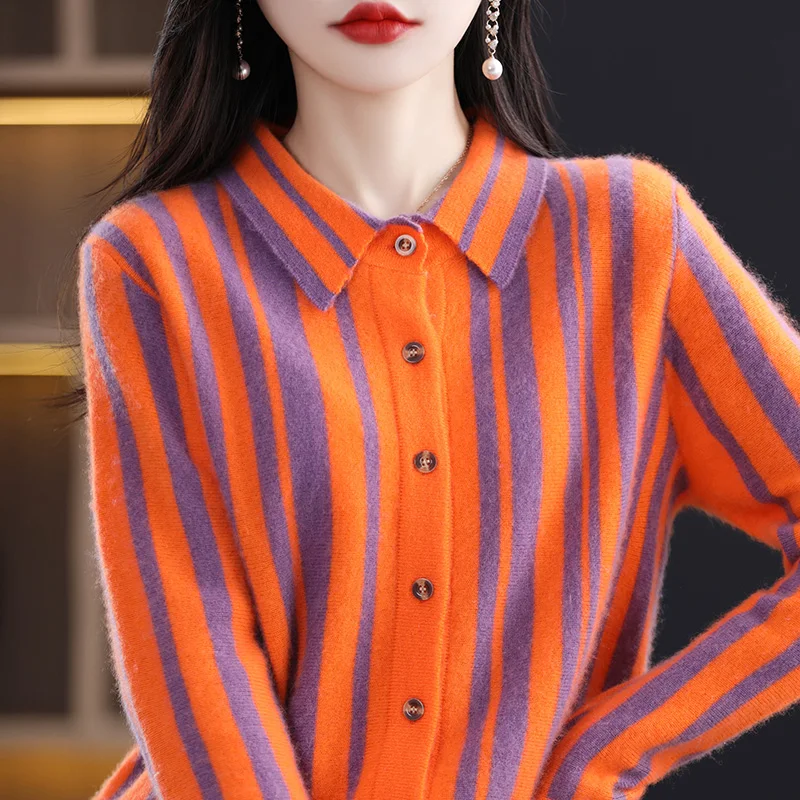 Merino Fleece POLO Neck Vertical Stripe Knitted Women's Cardigan Sweater Jacket British Fashion Long-sleeved Button-up Shirt....