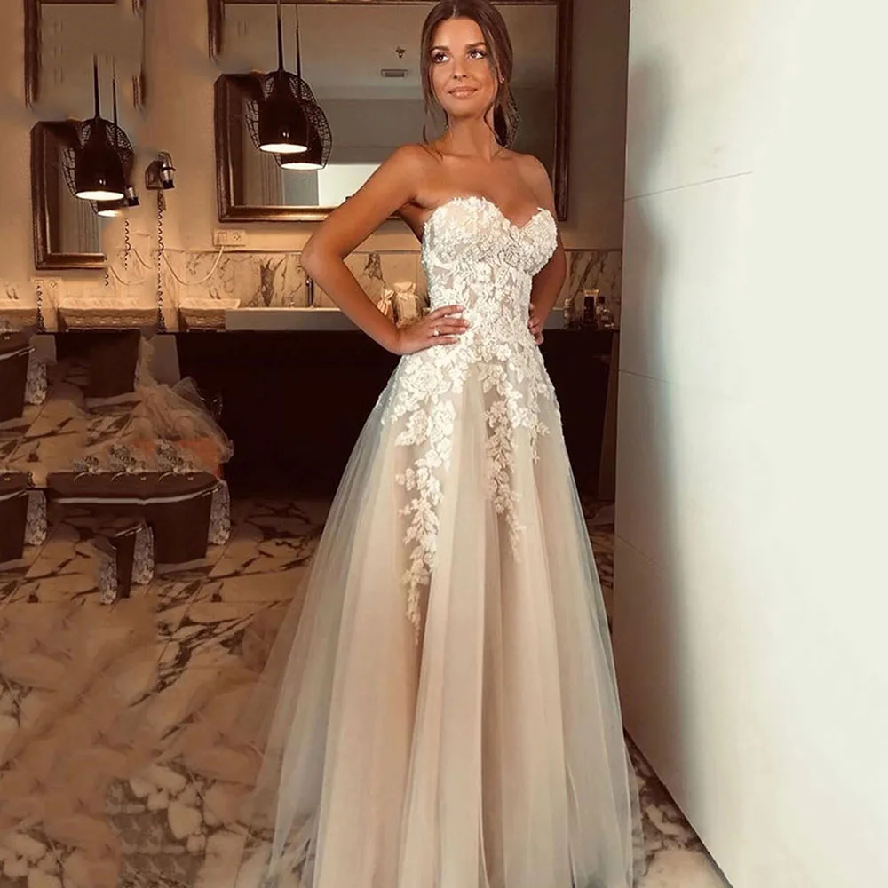 

Msikoods Lace Flower Vintage Wedding Dresses Sweethearts Sleeveless Floor Length Becah Bride Dress Backless Women Bridal Gown