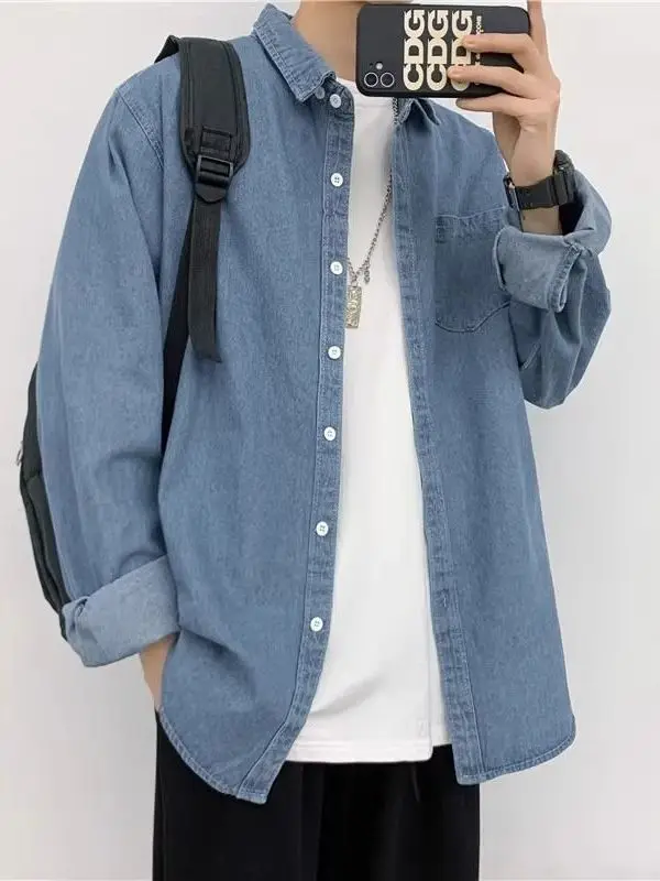 

American Retro Denim irt Men's Spring New Long Sve Loose Collar Open Cardigan Versatile Workwear Jaet Thin Trendy