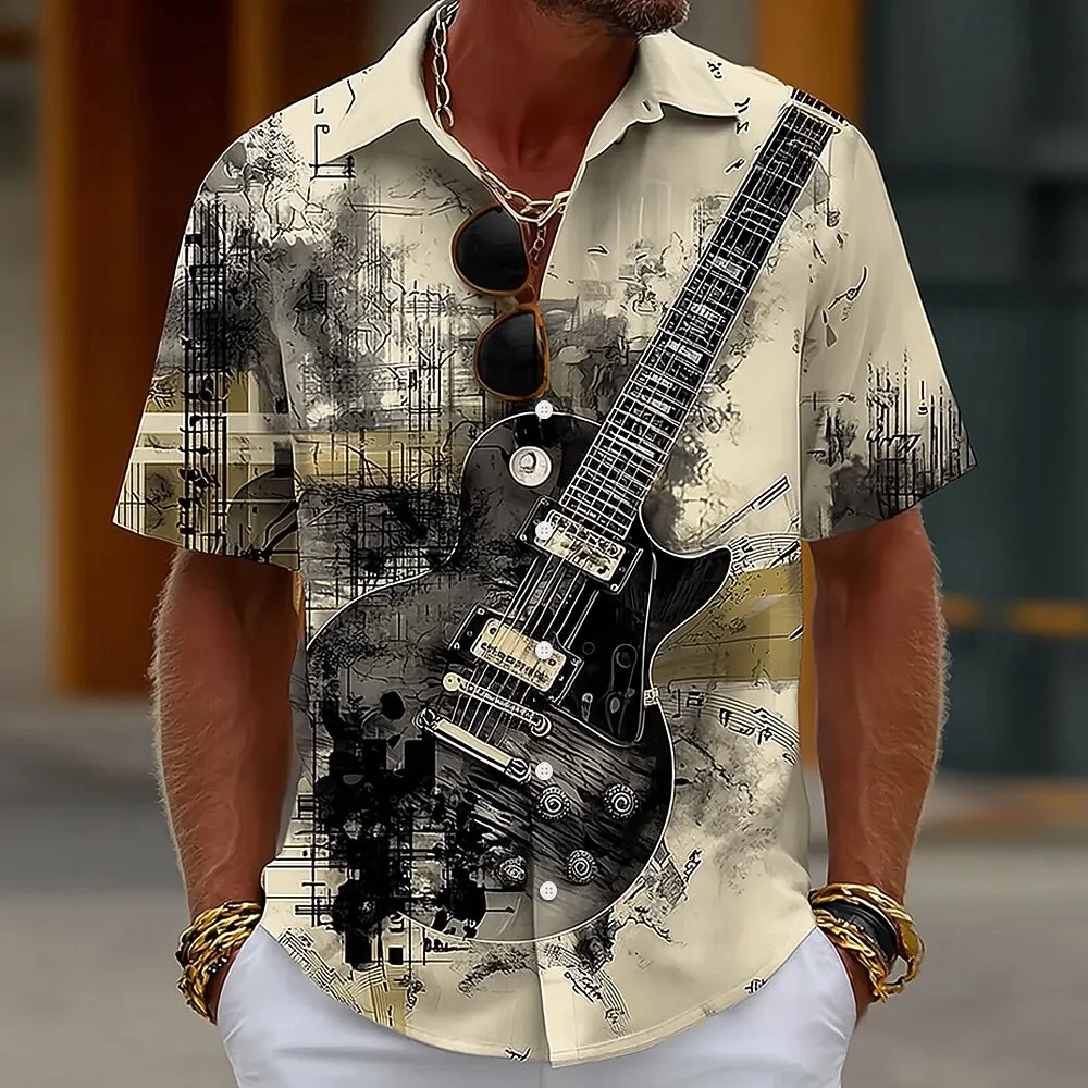 Camisa Vintage con Notas de Guitarra para Hombre, Camisa de Manga Corta con Cuello Camisero y Botones, Estampado 3D, Ropa para Festivales de Música, Primavera/Verano