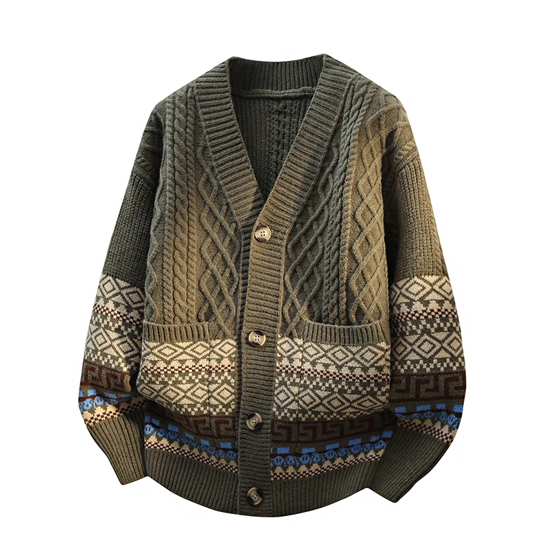 

Мужской вязаный кардиган с V-образным вырезом, повседневный свободный крой, осенне-весенний сезонный пуловер с узором «косы», в этническом стиле