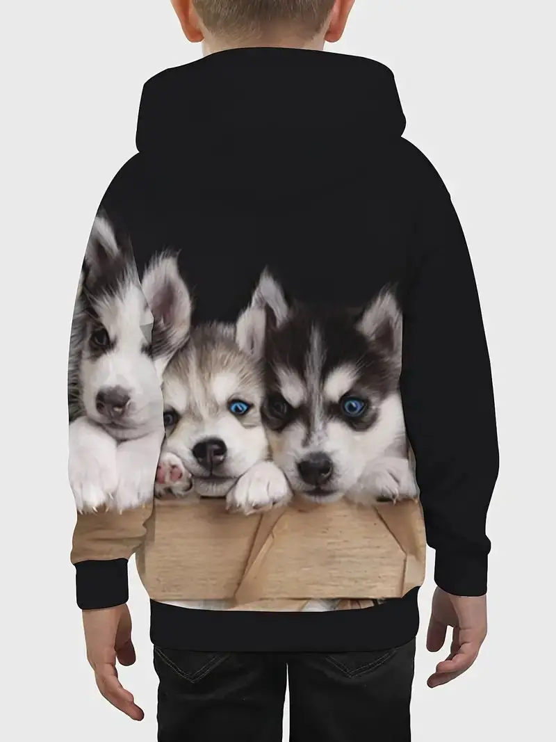 Autumn New Baby Husky  Simulation Printed Childrens Pullover Cute Pet Dog Simple  Fashion Casual Versatile Boy Hooded Sweatshirt