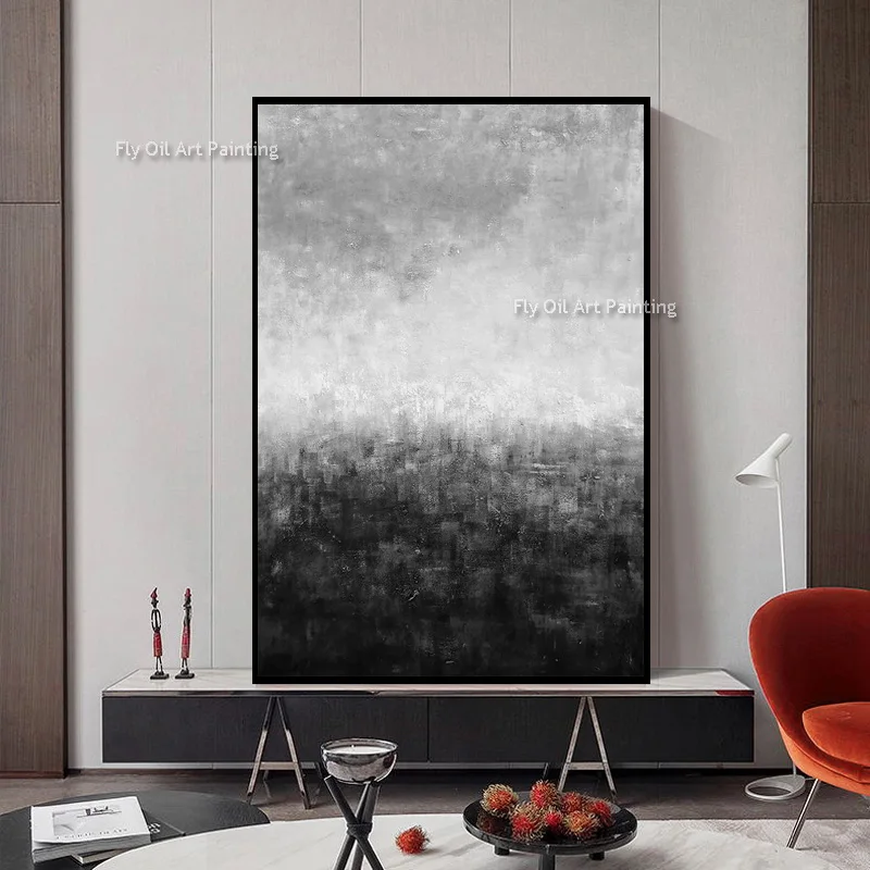 Modern Textured Abstract Oil Art, Hand‑Painted Palette Knife Gradient Piece, Monochrome Vertical Canvas Wall Ornament
