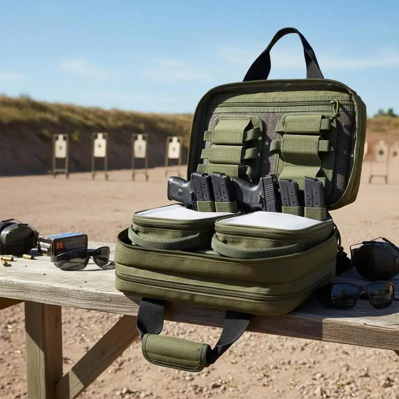 

Handgun Carrier 12x10x7 Inches For Shooting Range Outdoor Hunting Tactical Practice, Dual Internal Compartments Lockable Zipper Heavy Duty Nylon Green