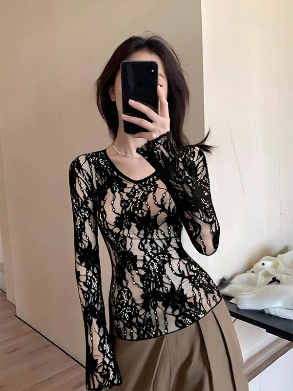 

Женская футболка больших размеров с кружевом Long Sve V-Ne, осень-зима, сексуальный базовый слой, топ из ткани Quali, повседневная одежда