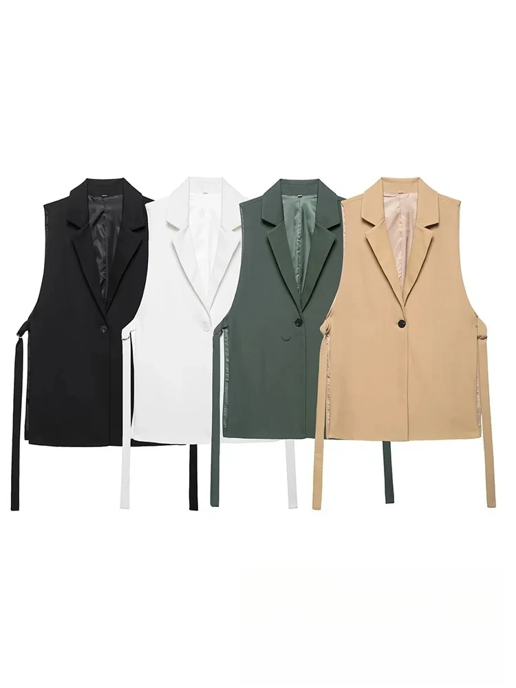 

KONDALA Vintage Chic Office Lady Solid Blazer V Neck Single Button Sleeveless Belt Vest Fashion 2025 Spring Summer Loose Blazer