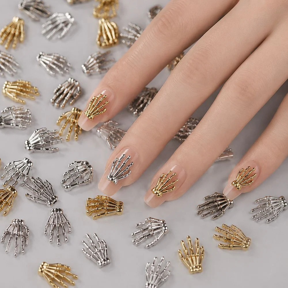 10Pcs 3D Metal Alloy Skull Hand Nail Charms Skeleton Hand Nail Art Decor Gothic Halloween Ornaments For DIY Manicure Supplies