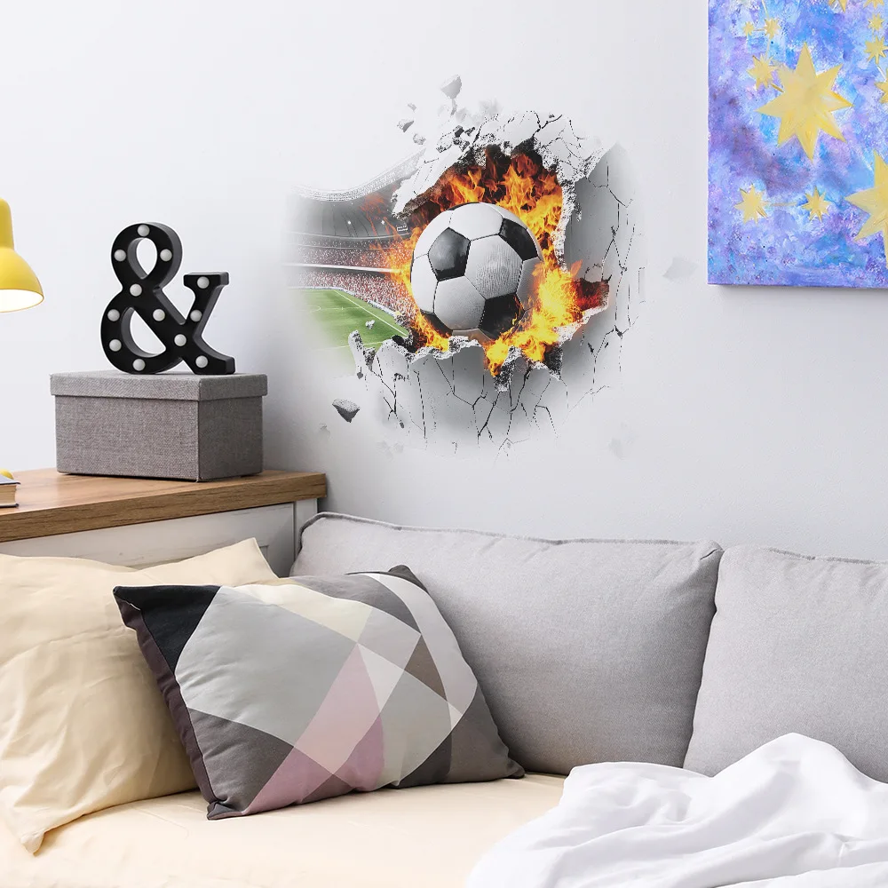 Creative Broken Wall Flame Football Wall Stickers For Living Room Background Decor Mural Bedroom Home Decoration Beautify Decals
