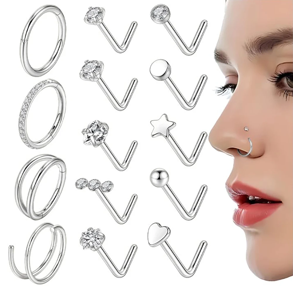 

14Pcs 20G Nose Ring Studs For Women 14K Gold Plated Nose Rings 316L Surgical Steel Gold Nose Rings 18G Nose Rings Hoops L Shaped