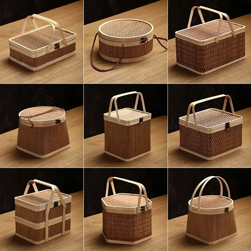 

BP62 Handmade Bamboo Basket, Round Top and Square Bottom, Mooncake and Fruit Holder, Traditional Bamboo Gift Carrier for Holiday