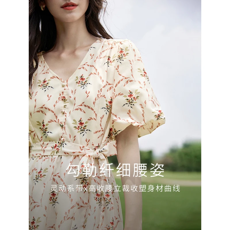 INMAN Women Dress 2023 Summer Puff Sleeve V Neck A-shaped High Waisted Design Printing Fashion Romantic Vacation Skirt