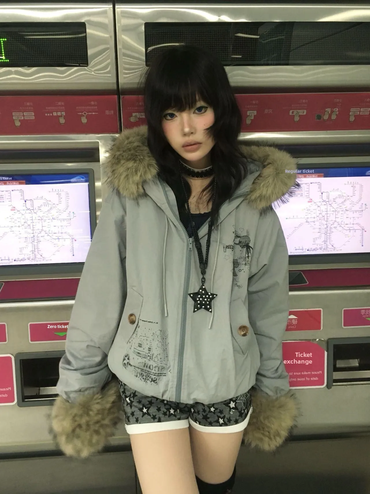 

Весеннее полевое зимнее хлопковое джинто с милым принтом и меховым воротником, женское свободное длинное пальто на молнии с круглым Ne