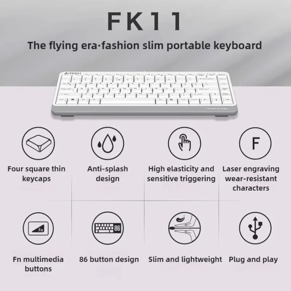 A4TECH Fk11 Wired Keyboard Business Mini Mute 86 Key Office Keyboard Ultra-Thin Portable PC Accessories for Notebook and Desktop