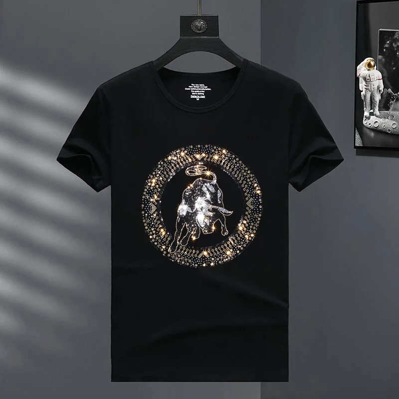 Plus Size 8XL Fashion Cartoon Bull Rhinestones T Shirts Men Summer Tops Short Sleeve O Neck Slim T-shirt Man Camisetas De Hombre