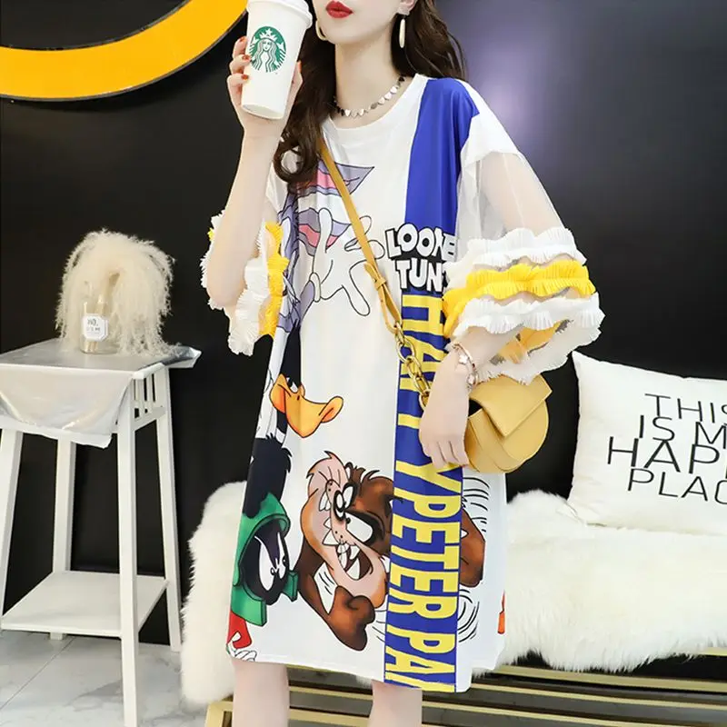 Women's Mesh Stitching Graffiti T-shirt Dress Summer Flare Sleeved Print Loose Tees, Black and White, Mid-Length Tops, Plus Size