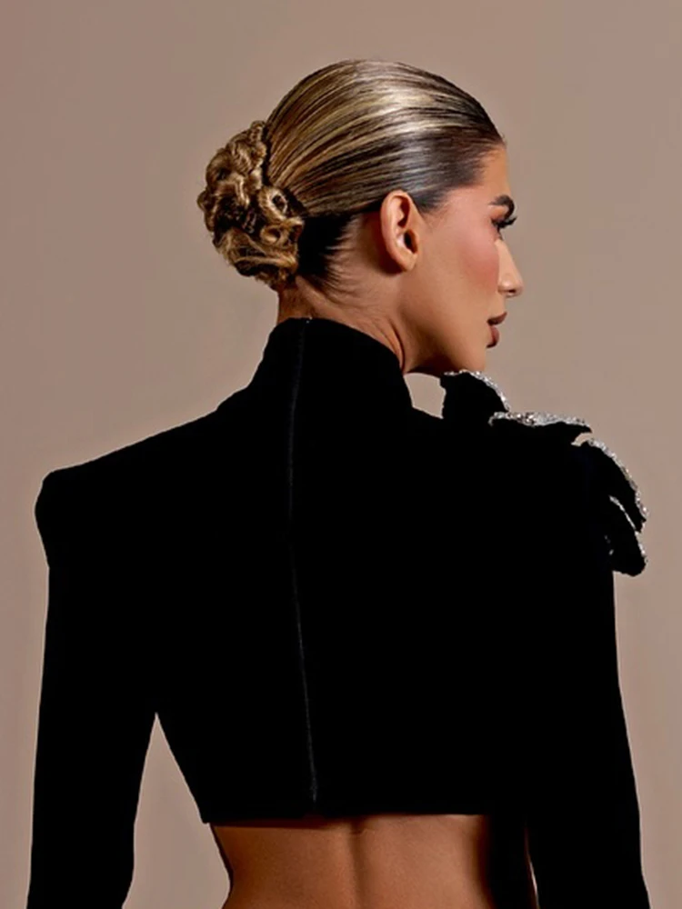 Avondfeest zwarte lange mouwen tweedelige bandageset coltrui diamanten bloemtop met bodycon maxi rok pak outfit