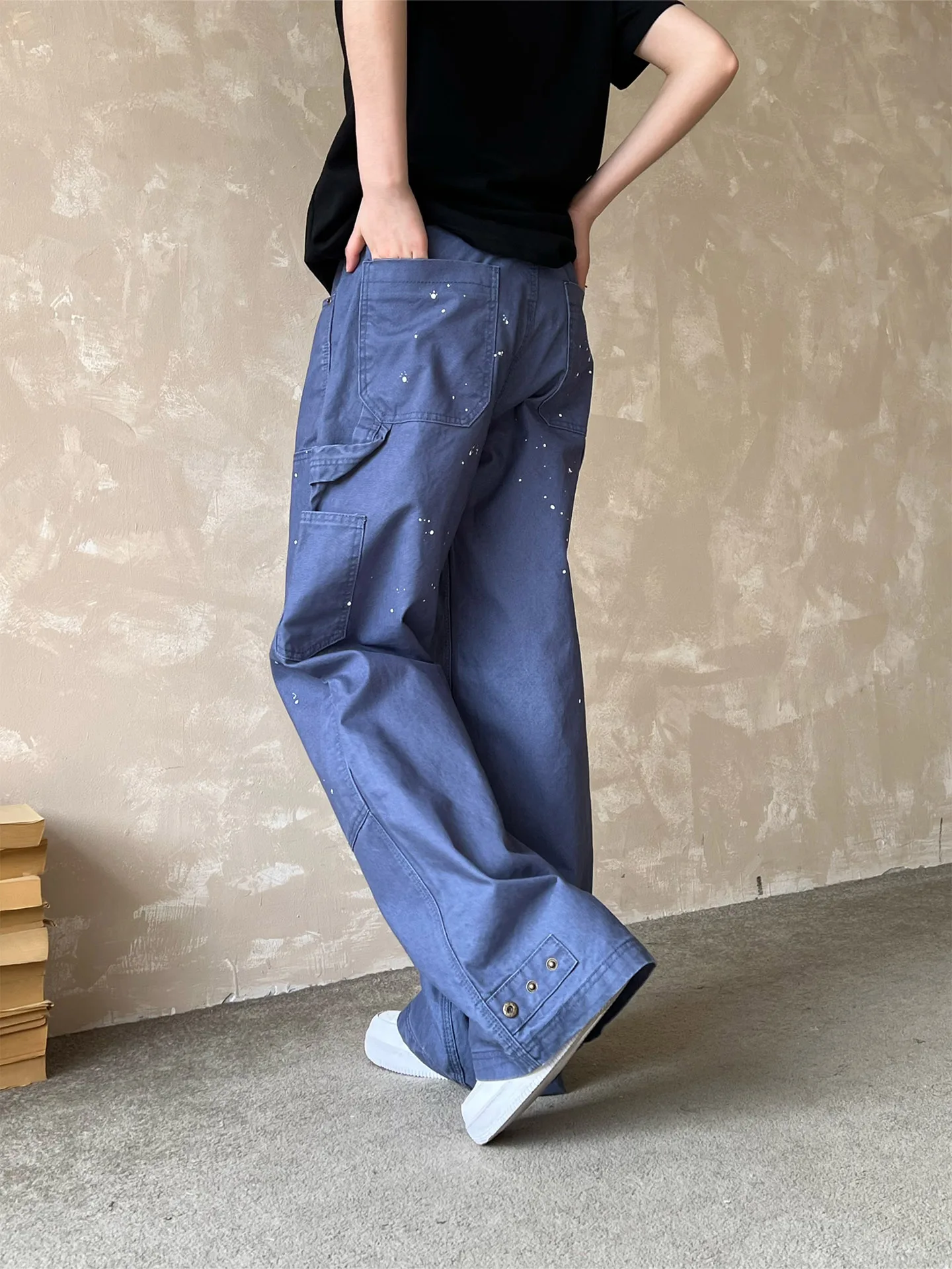 Ja1 Straight Leg Workwear Pants Men's Dyeing Design Casual Blue Jeans All-Match Spring Cotton Trousers for Neutral Style