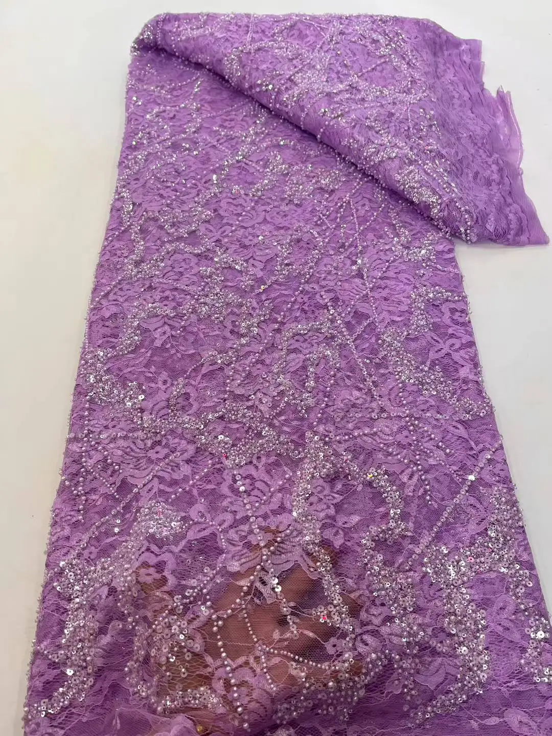 5 Yards African Bridal Lace Fabric with Sequins Beaded Embroidery High Quality French Tulle for Wedding Groom Nigerian Style