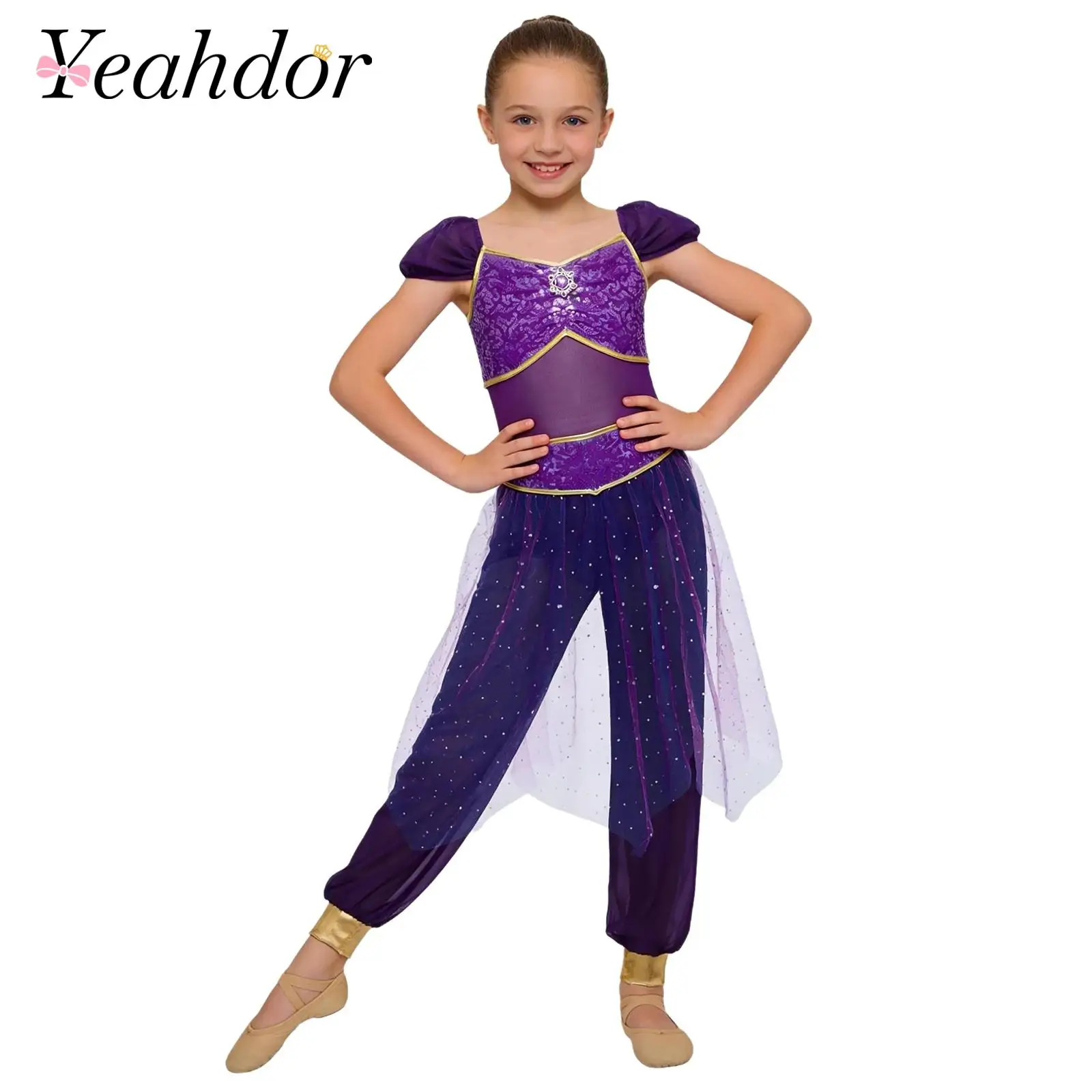 

Girls Arabian Princess Belly Dance Rompers Rhinestone Sequined Tulle Overlay Jumpsuit for Halloween Fairy-tale Cosplay Costume