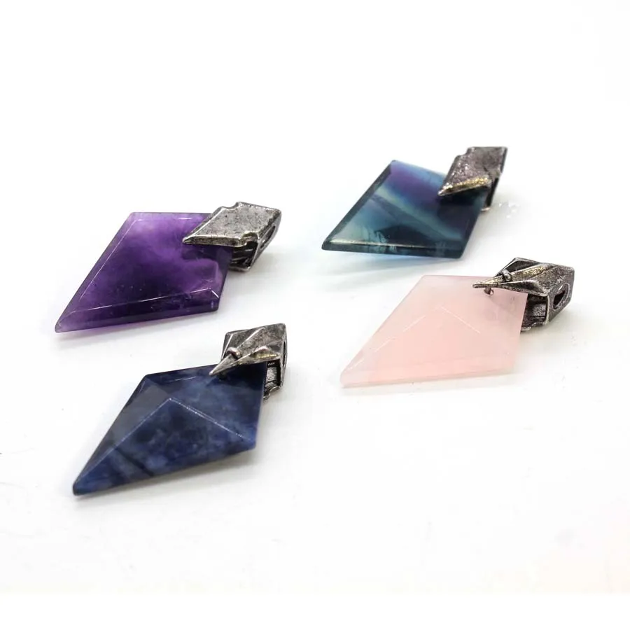 Crystal Trident Triangle Stone Pendants For Women Man Necklace DIY Natural Amethyst Fluorite Faceted Pendant Jewelry No Chain