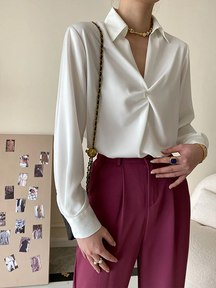 

Office Lady Shiny Satin Twist High-end Shirt Lapel Long Sleeves Shirts Women 2022 Summer Autumn Blue Pink White G255