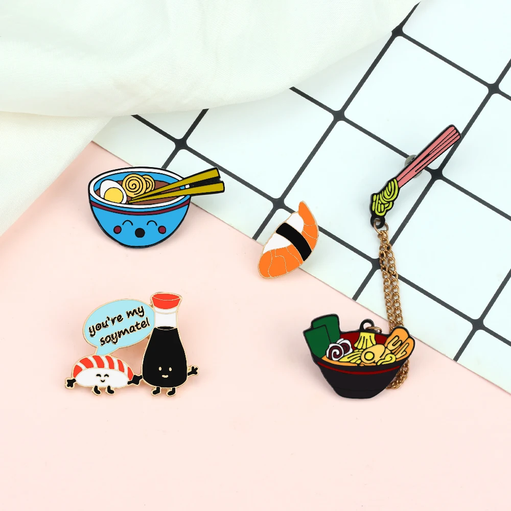 Cartoon Food Enamel Pins Japanese Sushi Ramen Noodles Vinegar Brooches Bag Shirt Collar Decorative Lapel Badge Jewelry Whoelsale