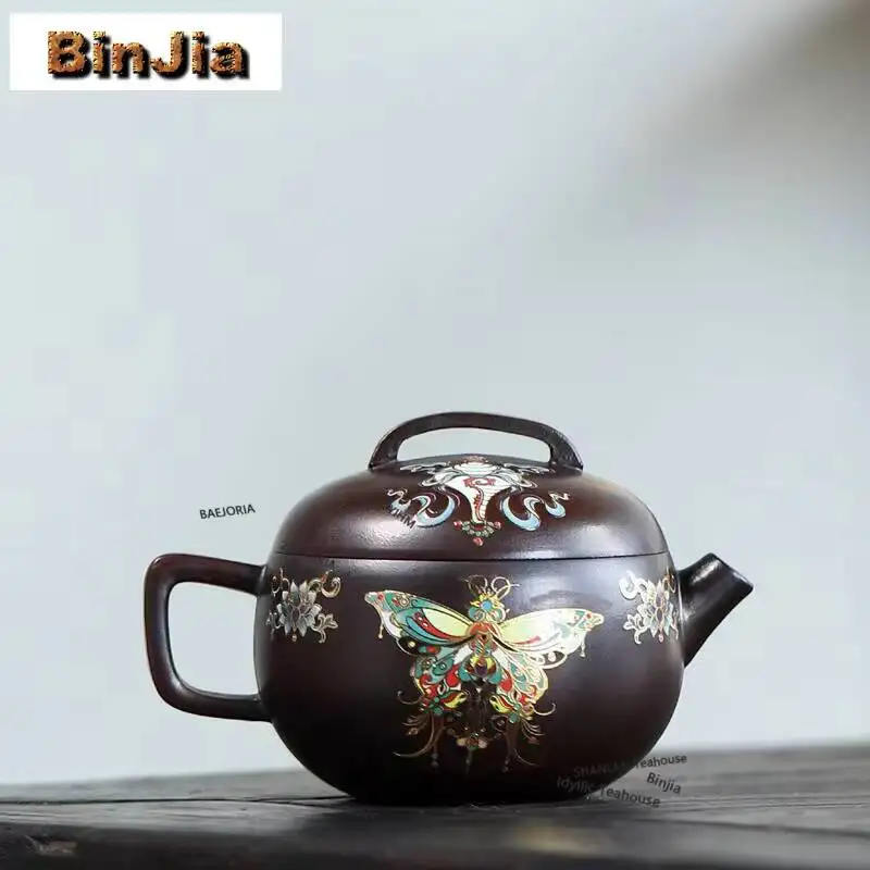 210ml Yixing Purple Clay Teapots Handmade Colour Enamels Large Caliber Pot Raw Ore Iron Blood Red Sand Mud Kettle Zisha Tea Set