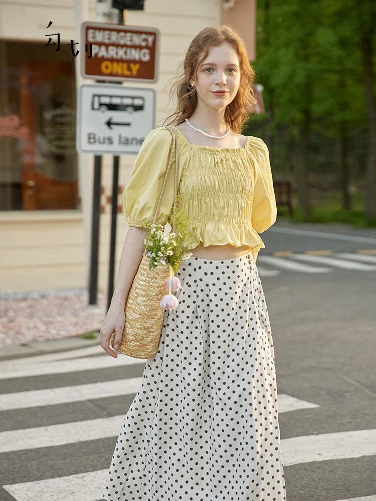 

Romantic Ele GOFAR Polka Dot Print Midi Skirt High Waist A-Line Vintage Sle f-length Skirts for Women