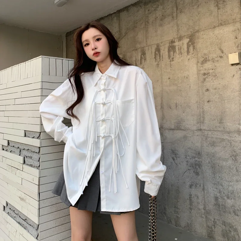 Chinese Style Retro Button Tassel White Shirts Women Fashion Chic Loose Long Sleeve Blouses Spring and Summer New