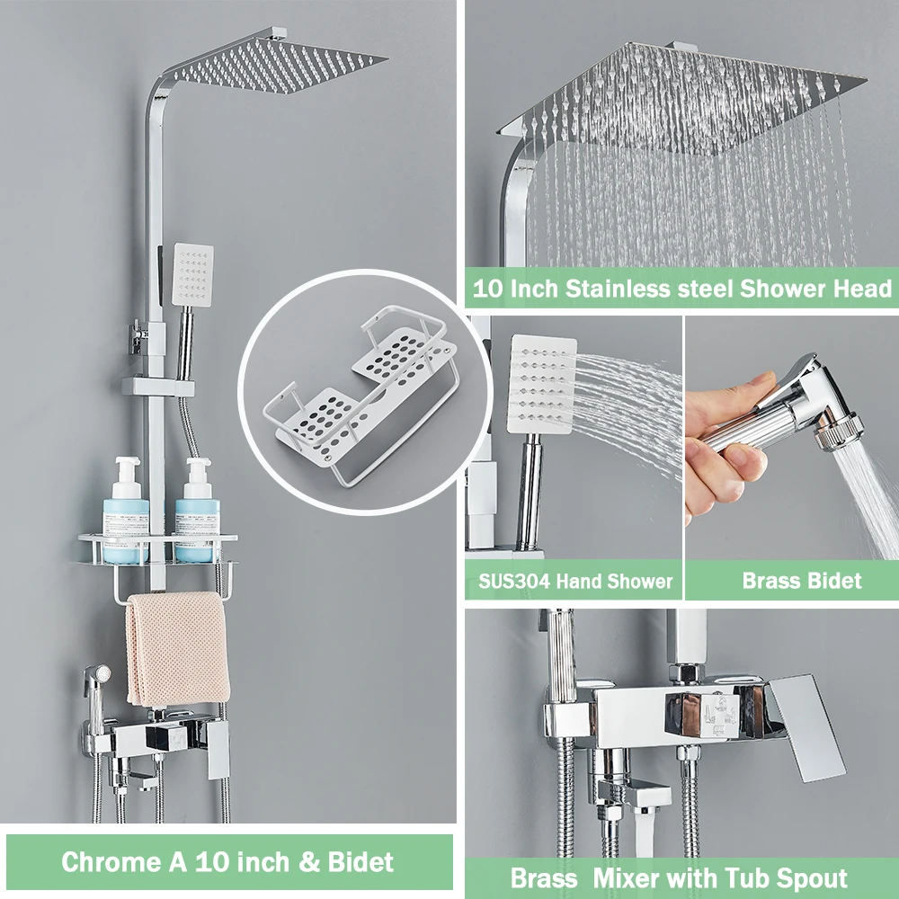 Regenval Badkamer Douchekraan Kit Met Bidet Wandmontage Roestvrij Staal Warm Koud Water Mengkraan Systeem Met Rek, Baduitloop