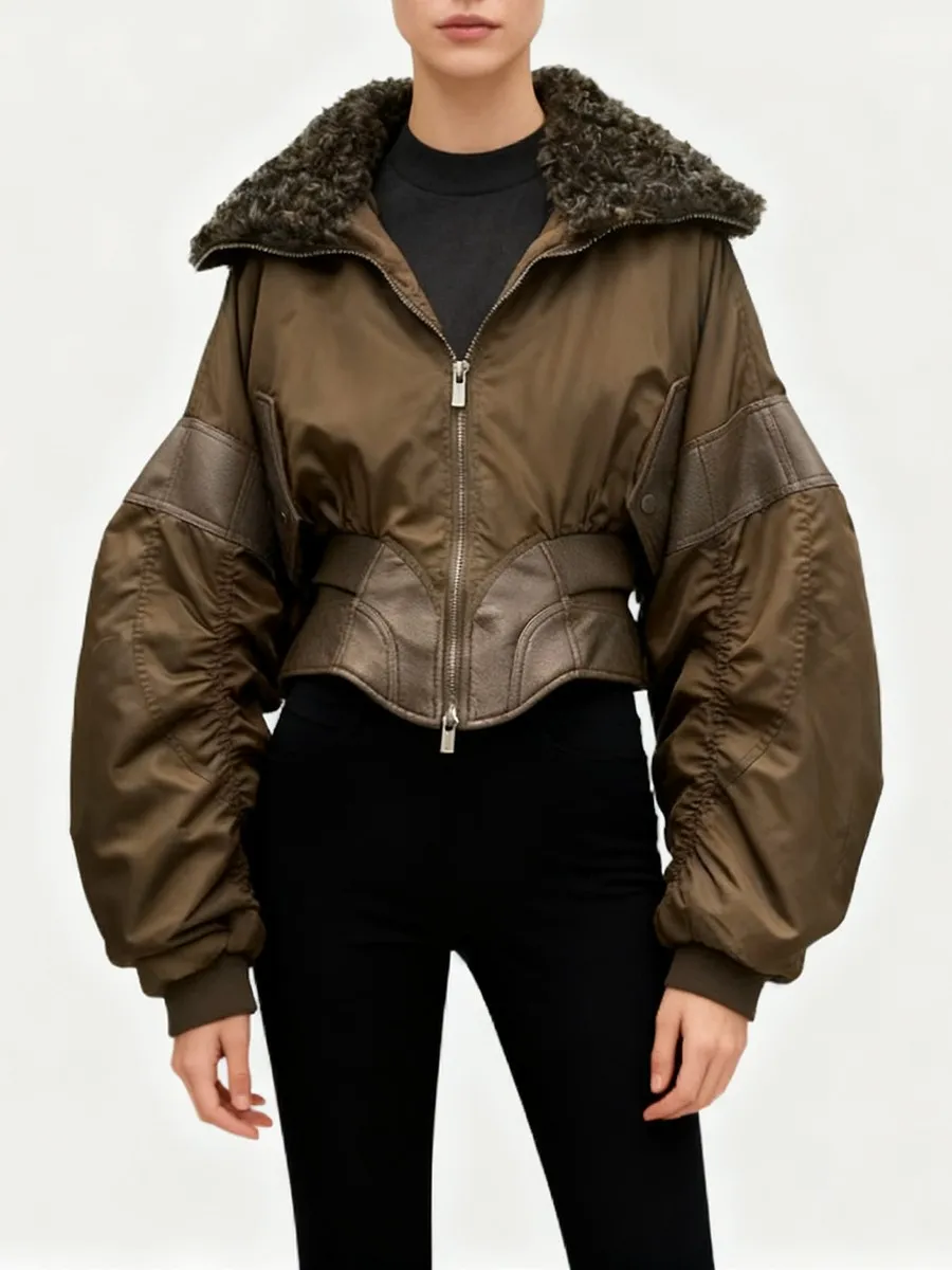 TWOTWINSTYLE Slimming Spliced Leather Fashion Jackets for Women Lapel Long Sleeves Tunic Patchwork Flocking Casual Jacket Female