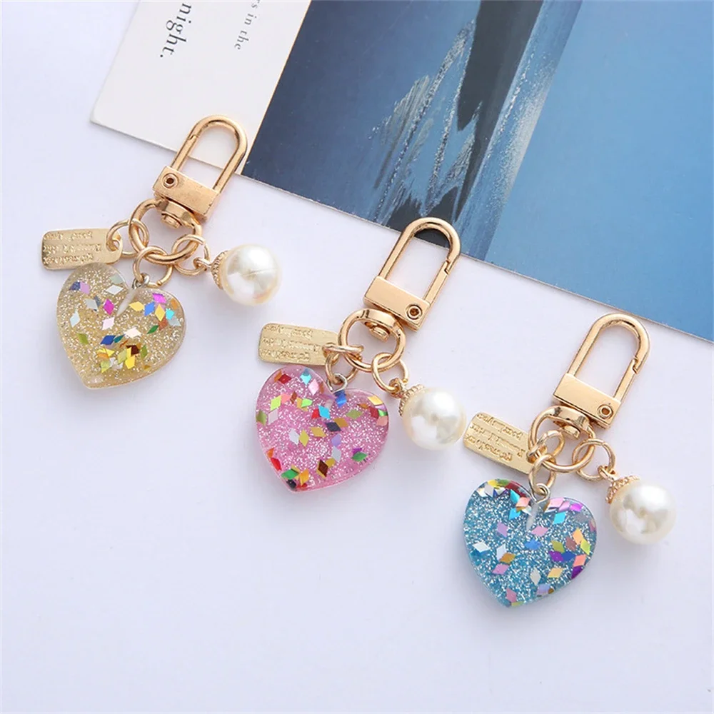 Fashion Heart Love Keychain With Sequins Filled Cute Pearl Pendant Bag Ornaments Metal Tag Key Chain Best Gift Keyring Jewelry