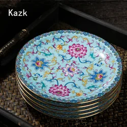 Creative Gold Stroke Dinner Plate Chinese Style Lotus Flower Enamel Tableware Plates Breakfast Dessert Cake Dishes Serving Tray