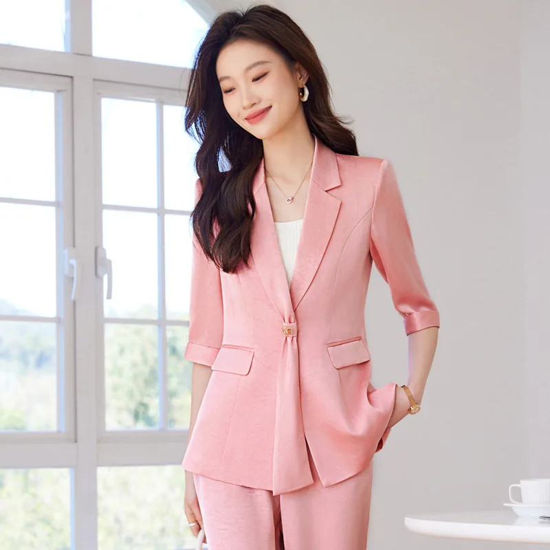 

High-End Pink Three-Quarter Sleeve Small Suit Outfit Women's Spring and Autumn New Temperament Slimming Leisure Professional Two