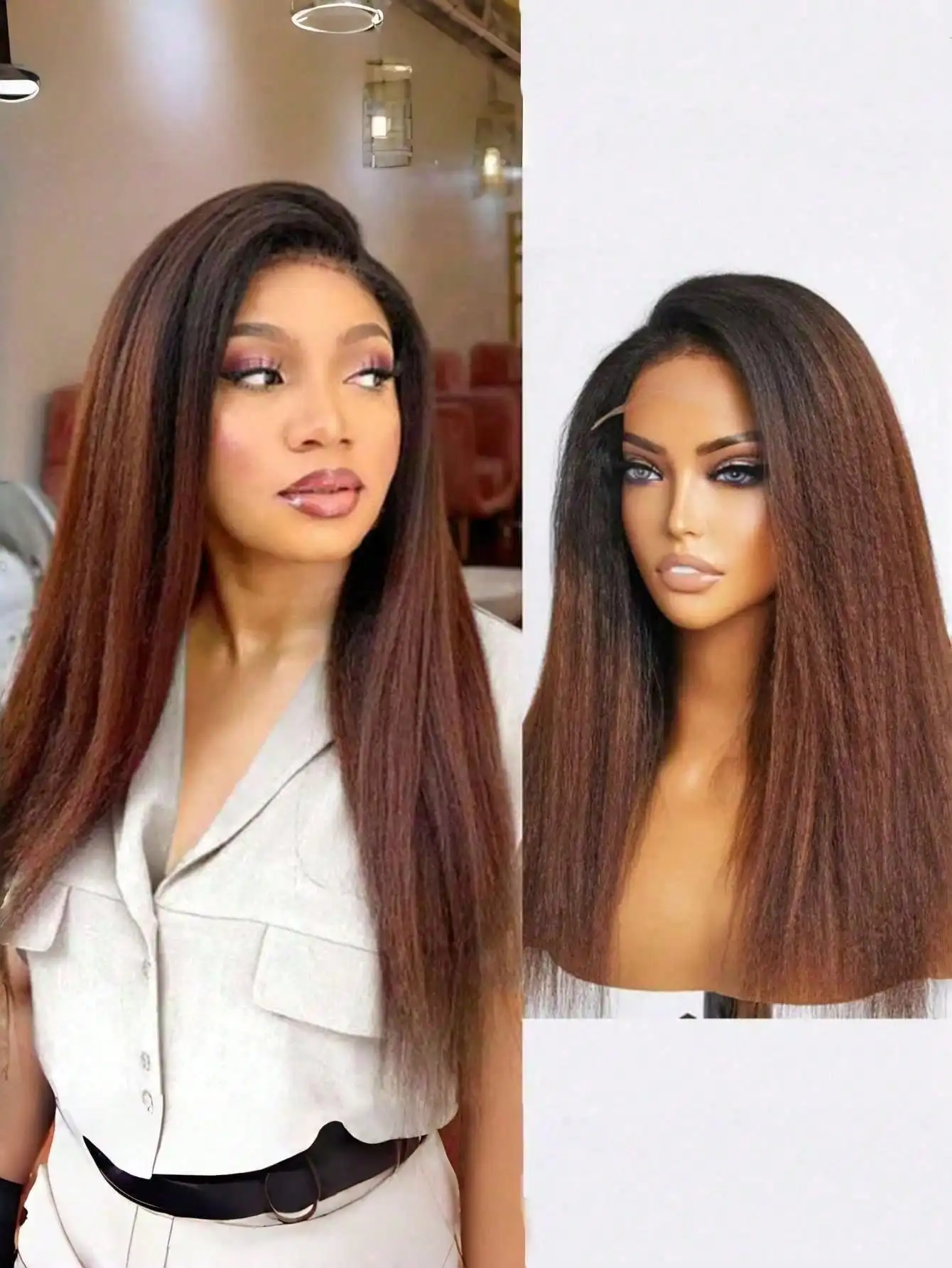 

Ombre Brown Kinky Straight 13×4 HD Transparen Lace Frontal Wigs Yaki 250 Density Human Hair Pre Plucked Glueless for Women