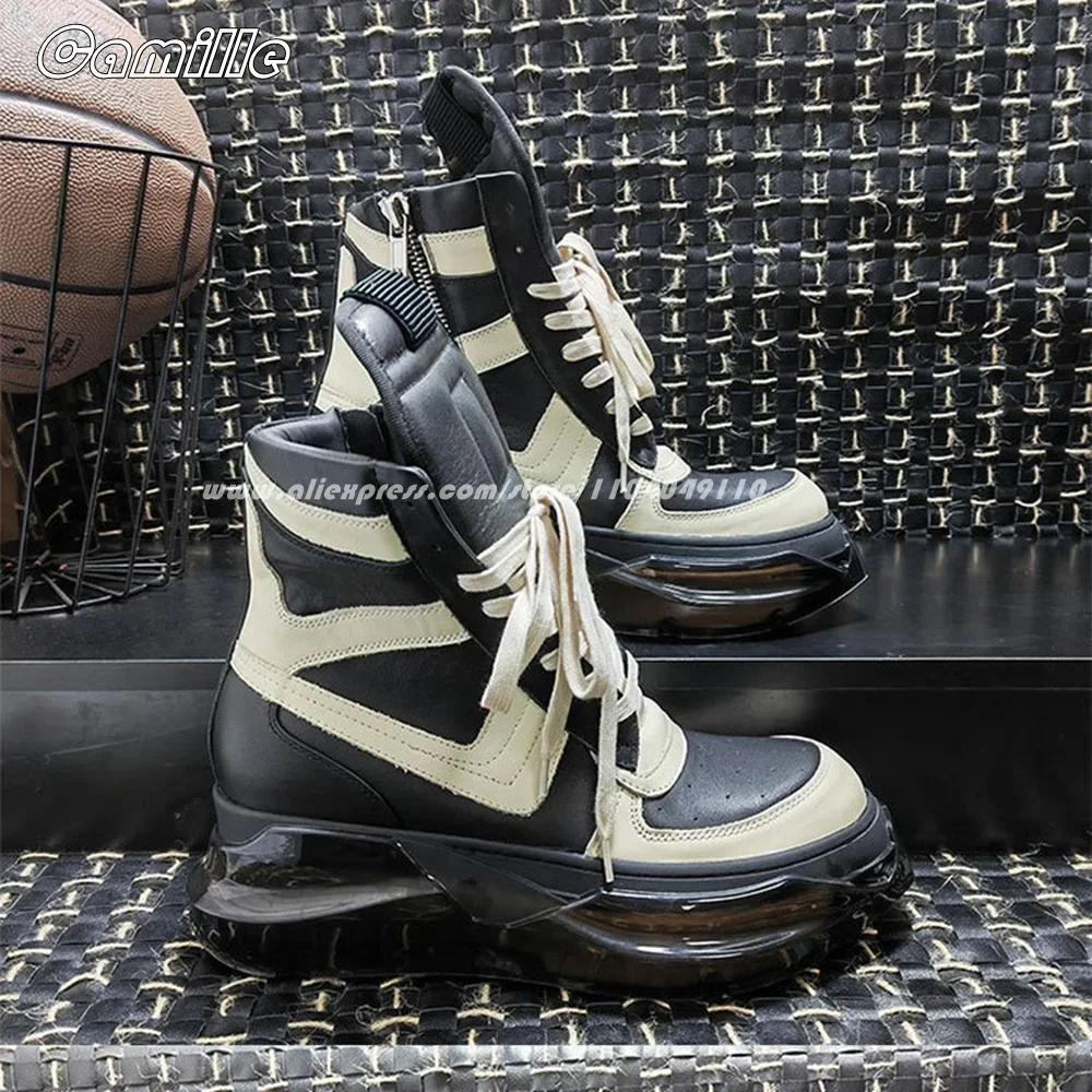 

First Cowhide Leather Side Zipper Men High-top Sneakers Mixed Color Clear Heel Air Cushion Sports Shoes Size 38-45 Casual Shoes