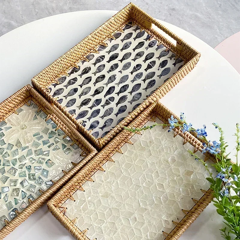 Rectangular Natural Shell Rattan Basket Creative Rattan Storage Tray Colorful Shell Storage Basket Fruit Dish Home Organizer